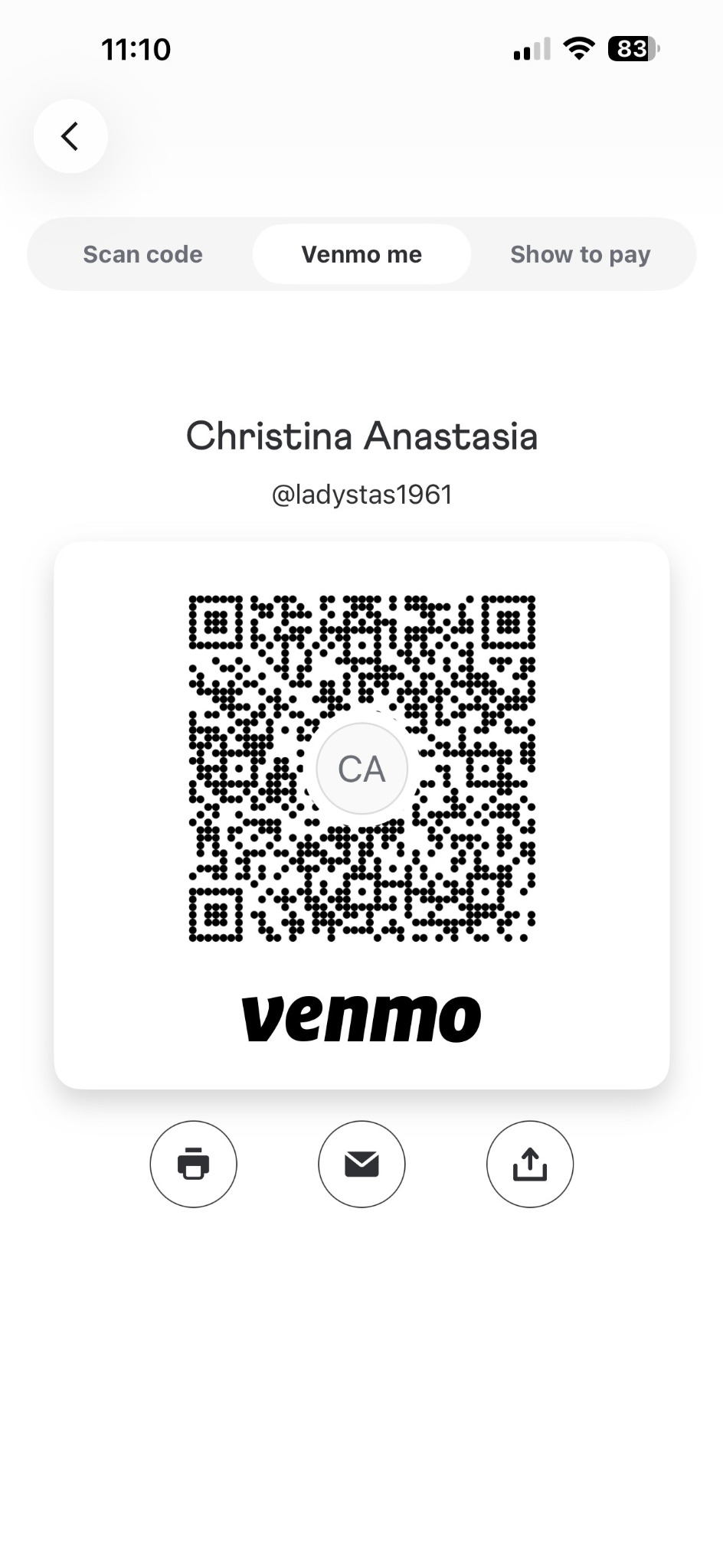 Venmo QR code for Christina Anastasia, username @ladystas1961